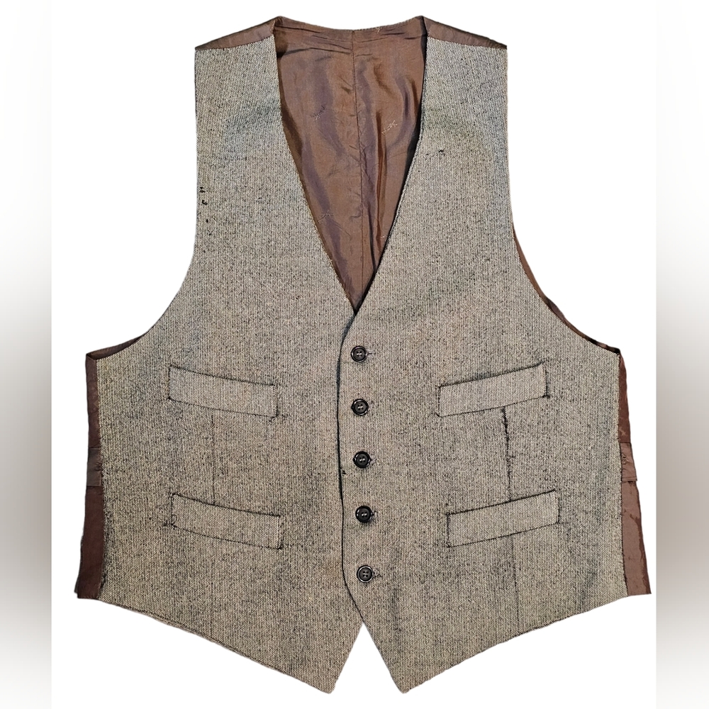Yves Saint Laurent Men’s V-Neck Button Up Vest Herringbone Pattern Brown
